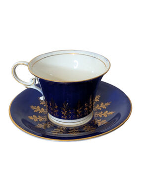 Aynsley Bone China Tea Cup and Saucer Set Blue and Gold Vintage